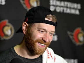 Ottawa Senators' Claude Giroux speaks to reporters during the team's training camp in Ottawa, on Thursday, Sept. 22, 2022. Giroux has been offered a sponsor's exemption to play in the Commissionaires Ottawa Open, a PGA Tour Canada event. He will also be the tournament's honorary chair.