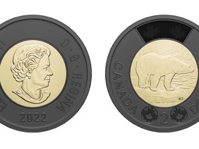 The black-ringed toonie the Royal Canadian Mint released to memorialize the late Queen Elizabeth is shown in a handout photo. THE CANADIAN PRESS/HO-Royal Canadian Mint **MANDATORY CREDIT**