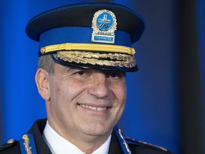New Montreal police Chief Fady Dagher smiles after being sworn in during a ceremony, Thursday, Jan. 19, 2023, in Montreal.