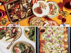Clockwise from top: Dante chicken thighs, Ode to Ops al taglio pizza and Kale! Caesar! from the new book by the team at Montreal restaurant Elena, Salad Pizza Wine