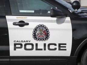 A police vehicle is shown at Calgary Police Service headquarters in Calgary, on April 9, 2020.