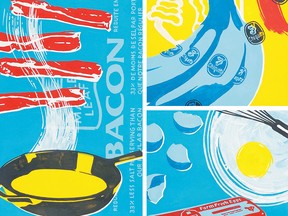 A collage of three illustrations: strips of bacon and frying pan, bananas and cracked eggs in a bowl with a whisk