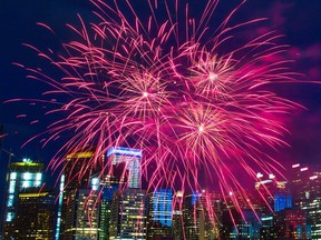 Canada Day fireworks light up the sky over downtown Calgary on July 1, 2018.