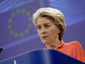 European Commission President Ursula von der Leyen addresses a media conference, ahead of the G7 summit, at EU headquarters in Brussels, Monday, May 15, 2023. The G7 summit will be held from 19 to 21 May 2023 in Hiroshima, Japan.