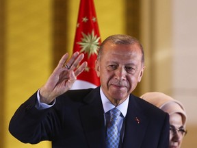 Turkish President and People's Alliance's presidential candidate Recep Tayyip Erdogan makes a speech at the presidential palace, in Ankara, Turkey, Sunday, May 28, 2023. Turkish President Recep Tayyip Erdogan has dissipated a challenge by an opponent who sought to reverse his increasingly authoritarian leanings, securing five more years to oversee the country at the crossroads of Europe and Asia that plays a key role in NATO.