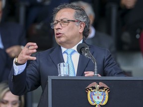Colombian President Gustavo Petro speaks during the swearing-in ceremony for Gen. William Salamana as the new police chief in Bogota, Colombia, Tuesday, May 9, 2023.