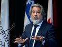 Le ministre du Patrimoine canadien, Pablo Rodriguez, prend la parole lors d'une conférence de presse pour annoncer les résultats de l'investissement de Montréal International 2022, à Montréal, le 20 février.