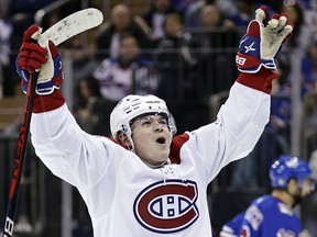 Montreal Canadiens right wing Cole Caufield reacts after scoring a goal against the New York Rangers in the third period of an NHL hockey game Sunday, Jan. 15, 2023, in New York.