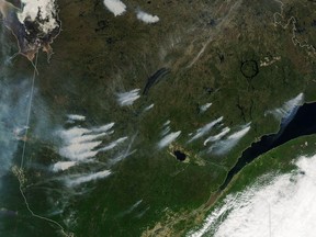 Satellite image of Quebec wildfires.