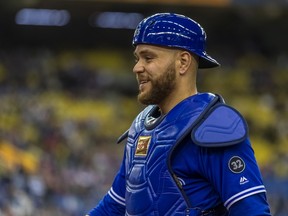 Toronto Blue Jays catcher Russell Martin walks to his position