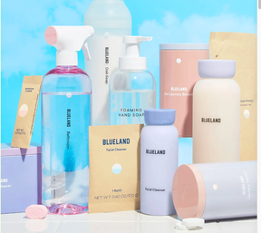 A group image of Blueland cleaning products such as spray bottles and refill tablets.
