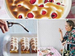 Clockwise from top: raspberries baked in muscat sabayon, author Claire Ptak and lemon meringue pie bars