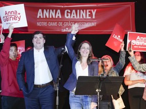 Liberal candidate Anna Gainey addresses her supporters as she leads the federal by-election in the Notre-Dame-de-Grace-Westmount riding Monday, June 19, 2023 in Montreal.