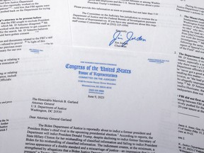 A letter that House Judiciary Committee Chairman Jim Jordan, of Ohio, wrote on June 9, 2023, to Attorney General Merrick Garland is photographed in Frederick, Md. Former President Donald Trump's indictment on charges of mishandling classified documents is set to play out in federal court in Florida. But thousands of miles away in Washington, part of Trump's defense is well underway in a different venue -- the halls of Congress, where Republicans have been preparing for months to wage an aggressive counter-offensive against the Justice Department.