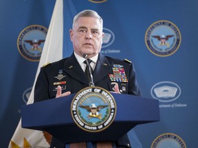 Chairman of the Joint Chiefs of Staff Gen. Mark Milley holds a press briefing with Defense Secretary Lloyd Austin at the Pentagon on Thursday, May 25, 2023 in Washington.