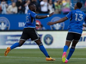CF Montreal defender Zachary Brault-Guillard (15) celebrates his goal with teammate Mason Toye (13) during first half MLS soccer action against Minnesota United in Montreal, Saturday, June 10, 2023. After tying the Major League Soccer record for most consecutive shutout wins at home with six, CF Montreal is looking to duplicate that success on the road.
