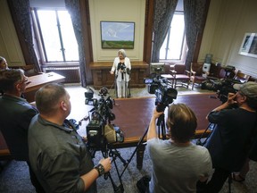 Gov. Gen. Mary Simon talks to media at the Manitoba Legislature in Winnipeg on Wednesday, June 7, 2023.