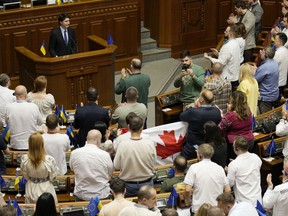 Prime Minister Justin Trudeau receives a standing ovation as he appears at the Ukrainian parliament in Kyiv, Ukraine, on Saturday, June 10, 2023.