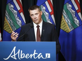 Alberta finance minister Nate Horner speaks to the media at a news conference in Calgary, Thursday, June 29, 2023.THE CANADIAN PRESS/Jeff McIntosh