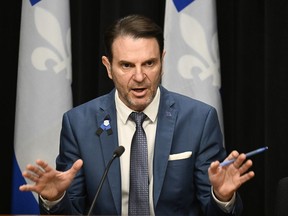 Quebec Public Security Minister Francois Bonnardel speaks during a news conference on Thursday, April 6, 2023 at the legislature in Quebec City.