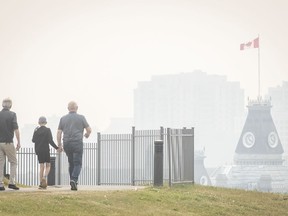 Smoke from wildfires burning across both Ontario and Quebec blanket the skyline in Kingston, Ont., Tuesday, June 6, 2023. The battle against hundreds of wildfires continues in Canada, as many jurisdictions are under either heat or air quality warnings from the federal government.