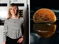 A split image of author Kate Reid standing in a kitchen and the interior of a croissant
