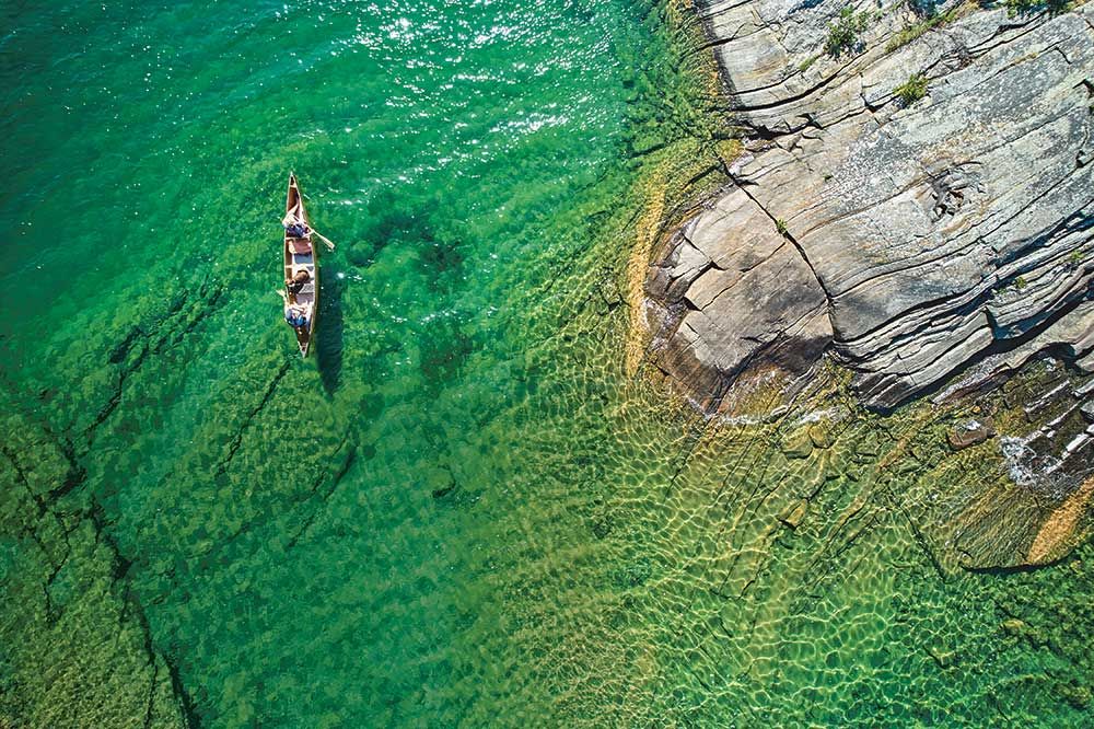 An aerial shot of a canoe in Georgian Bay