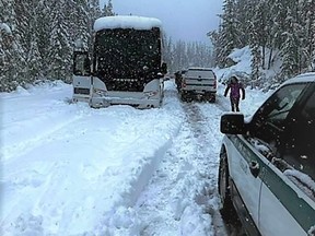 A tour bus is stranded in Jasper National Park.