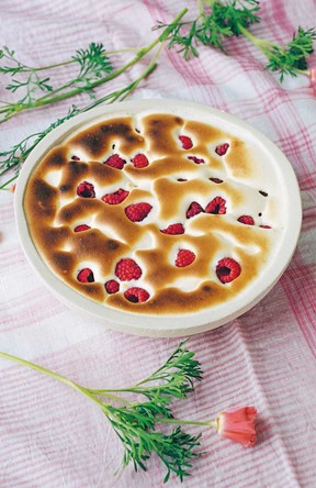Raspberries baked in muscat sabayon, a custard-based Italian dessert