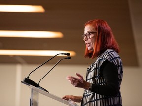 President and CEO of CBC/Radio-Canada Catherine Tait speaks during a panel discussion in Ottawa, on Thursday, Dec., 1, 2022. The head of Canada's public broadcaster will remain in her role for another 18 months, after her contract was extended by the federal heritage minister.