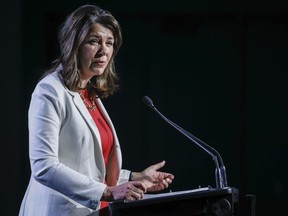 Alberta Premier Danielle Smith speaks to delegates at the Global Energy Show in Calgary on Tuesday, June 13, 2023. The Alberta NDP is accusing Smith of concealed the latest data on opioid-related deaths until after last month's provincial election.