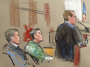 FILE - In this artist depiction, U.S. Attorney Randy Bellows, right, addresses the court during the sentencing of convicted spy Robert Hanssen, center, seen with his attorney Plato Cacheris, left, at the federal courthouse in Alexandria, Va., May 10, 2002. Hanssen was given a life sentence. The former FBI agent who took more than $1.4 million in cash and diamonds to trade secrets with Russia and the former Soviet Union in one of the most notorious spying cases in American history has died in prison.