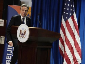 U.S. Secretary of State Antony Blinken arrives for a news conference in the Beijing American Center at the U.S. Embassy in Beijing, Monday, June 19, 2023. The United States and China have pledged to stabilize their badly deteriorated ties during a critical visit to Beijing by Blinken, who met with Chinese President Xi Jinping.