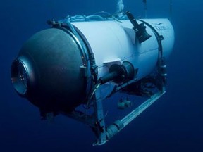 FILE - This undated image provided by OceanGate Expeditions in June 2021 shows the company's Titan submersible. Rescuers are racing against time to find the missing submersible carrying five people, who were reported overdue Sunday night. (OceanGate Expeditions via AP, File)