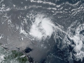 This GeoColor satellite image taken Tuesday, June 20, 2023 and provided by NOAA, shows Tropical Storm Bret as it chugged toward the eastern Caribbean. (NOAA via AP)