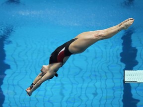 Pamela Ware, of Canada, competes in the 1m springboard women final at the World Swimming Championships in Fukuoka, Japan, Saturday, July 15, 2023.
