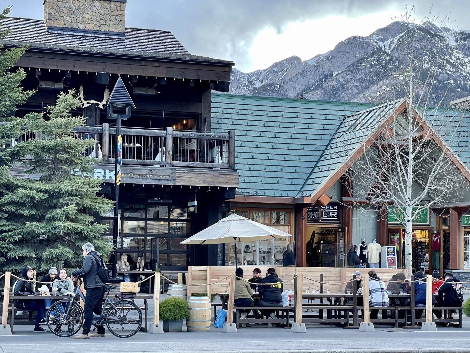 People at patios in downtown Banff
