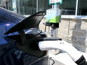 An electric charging station in Spruce Grove, Alta.
