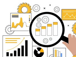 magnifying glass over graphs and pie charts