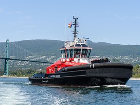 The all-electric HaiSea Wamis arrives in Vancouver harbour on July 8, 2023.