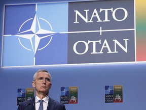 NATO Secretary General Jens Stoltenberg speaks to the media prior to the 2023 NATO Summit on July 10 in Vilnius, Lithuania.