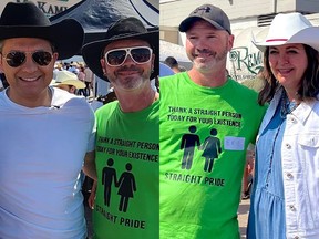 Conservative Leader Pierre Poilievre, left, and Alberta Premier Danielle Smith were both photographed with an unidentified man wearing a "Straight Pride" T-shirt at the Calgary Stampede.