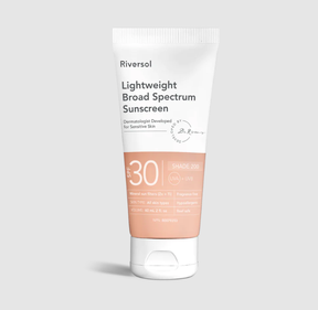 Upright tube of Riversol SPF 30 Lightweight Broad Spectrum Sunscreen