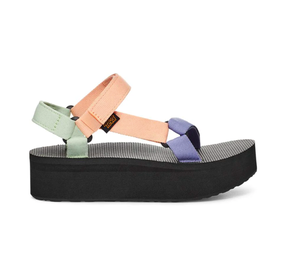Teva Flatform Universal Sandals in pastel sahdes of mint, peach and lilac, with a black platform footbed.