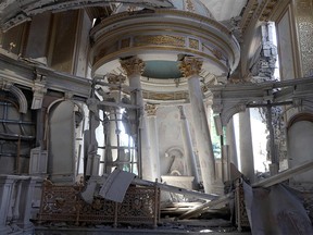 A photograph taken on July 23 shows part of the heavy damage inflicted on Odesa's Transfiguration Cathedral in a Russian missile strike on the UNESCO-listed historic centre of the Ukrainian port city.