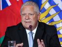 Doug Ford, Premier of Ontario, speaks to media during the closing news conference at the Council of the Federation Canadian premiers meeting at The Fort Garry Hotel in Winnipeg, Wednesday, July 12, 2023.