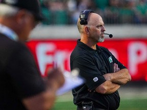Saskatchewan Roughriders head coach Craig Dickenson looks on during the second half of CFL football action against the Edmonton Elks in Regina, on Thursday, July 6, 2023.It's only Week 6 of the 2023 CFL season and yet the Saskatchewan Roughriders and Calgary Stampeders are preparing for a game with possible playoff implications.&ampnbsp;THE CANADIAN PRESS/Heywood Yu