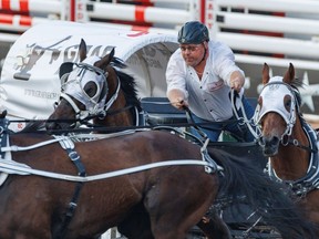 Kris Molle in Heat 5 of the Rangeland Derby chuckwagon races at the Calgary Stampede on July 8.