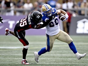 Winnipeg Blue Bombers running back Brady Oliveira (20) tries to evade the tackle of Ottawa Redblacks defensive end Lorenzo Mauldin IV (94) during first half CFL football action in Ottawa on Saturday, July 15, 2023.