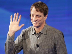 FILE - United States skateboarding legend Tony Hawk attends at the Italian State RAI TV program "Che Tempo che Fa" in Milan, Italy, March 12, 2017. Hawk is mentoring 10-year-old Reese Nelson, of Canada, ahead of the X Games. Nelson will be competing in the women's vert and the best trick events at the upcoming games.